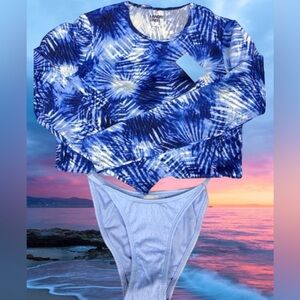 Lands End women’s long sleeve rash guard shirt bikini royal blue tropical $75